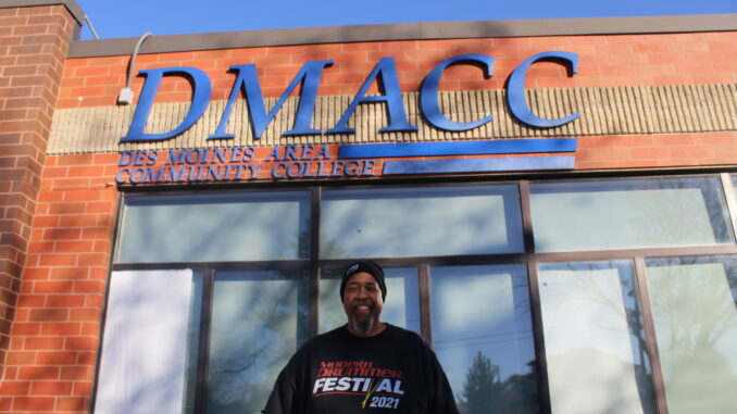Tony Stevens standing on the DMACC Urban Campus outside of building four. Photo by Allison Judge.